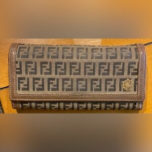 Fendi Brown & Black Zucca Canvas Leather Continental Wallet